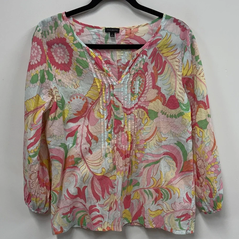 Talbots Multicolor pintuck Floral Blouse S - Picture 4 of 7